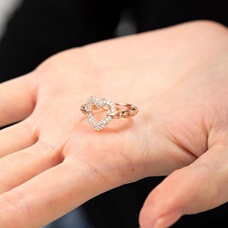 Beyaz Zirkon Taşlı Kalp Tasarım Rose Renk Free Size 925 Ayar Gümüş Kadın Yüzük