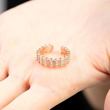 Sıralı Zirkon Taşlı Rose Renk Free Size Yarım Tur 925 Ayar Gümüş Kadın Yüzük