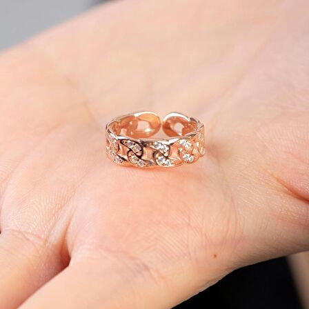 Beyaz Zirkon Taşlı Gurmet Tasarım Rose Renk Free Size 925 Ayar Gümüş Kadın Yüzük