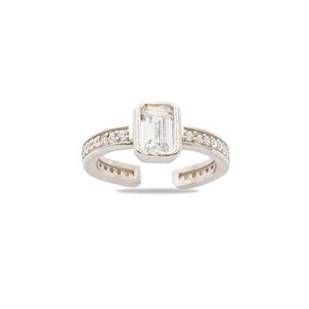 Baget Kesim Beyaz Zirkon Taşlı Silver Renk Free Size 925 Ayar Gümüş Kadın Tektaş Yüzük