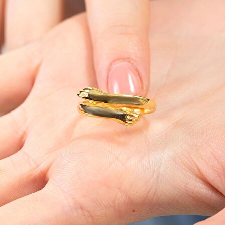 Anne-Bebek Eli Detaylı Gold Renk Free Size 925 Ayar Gümüş Kadın Yüzük
