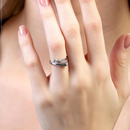 Beyaz Zirkon Taşlı Cats Eye Detaylı Silver Renk Free Size 925 Ayar Gümüş Kadın Yüzük