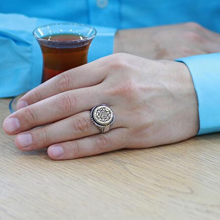 Modern Tasarım Üzeri "Mühr-i Süleyman" İşlemeli 925 Ayar Gümüş Erkek Yüzük