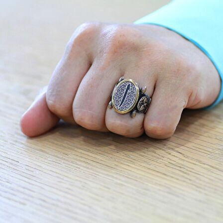 Oval Otantik Tasarım "Elif" Motifli 925 Ayar Gümüş Erkek Yüzük