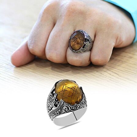 Faset Zultanit Taşlı "Mühr-i Süleyman" İşlemeli 925 Ayar Gümüş Erkek Yüzük