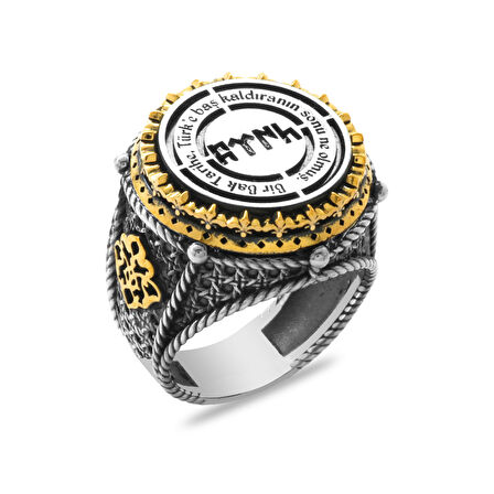 Siyah Oniks Taşlı Göktürkçe TÜRK Yazılı Özel Tasarım 925 Ayar Gümüş Erkek Yüzük