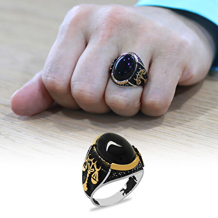 Siyah Oniks Taşlı Adalet Temalı 925 Ayar Gümüş Erkek Yüzük
