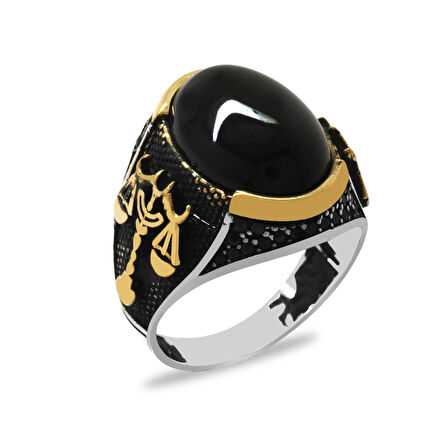 Siyah Oniks Taşlı Adalet Temalı 925 Ayar Gümüş Erkek Yüzük