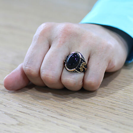 Siyah Oniks Taşlı Adalet Temalı 925 Ayar Gümüş Erkek Yüzük