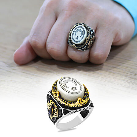 Fildişi Üzerine Ayyıldız İşlemeli Kenarları Zirkon Taşlı Koleksiyonluk 925 Ayar Gümüş Erkek Yüzük