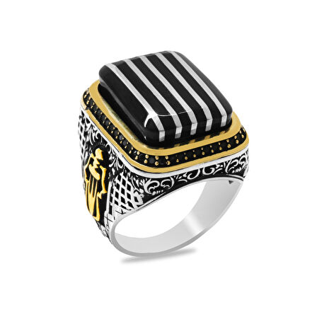 Dikdörtgen Tasarım Kenarları Mikro Zirkon Taş Mıhlamalı Koleksiyonluk 925 Ayar Gümüş Erzurum Oltu Taşı Erkek Yüzük