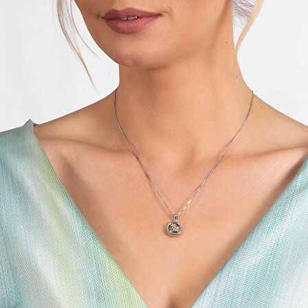 Multicolor Zirkon Taşlı Oval Tasarım Gül Detaylı 925 Ayar Gümüş Kadın Kolye