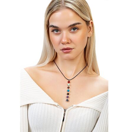 Zarif İp Zincirli Çakra Doğaltaş Kombinli Kadın Başarı Kolyesi