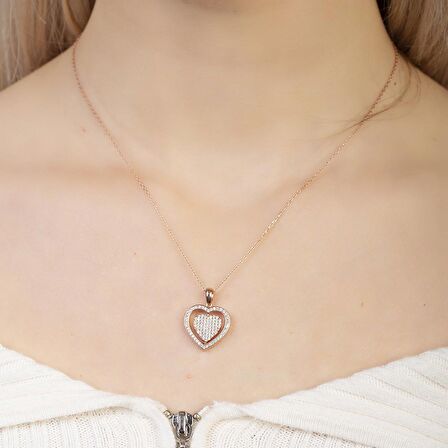 Zirkon Taşlı Kalp Model Rose Renk Kişiye Özel İsim/Harf Yazılı 925 Ayar Gümüş Kadın Kolye