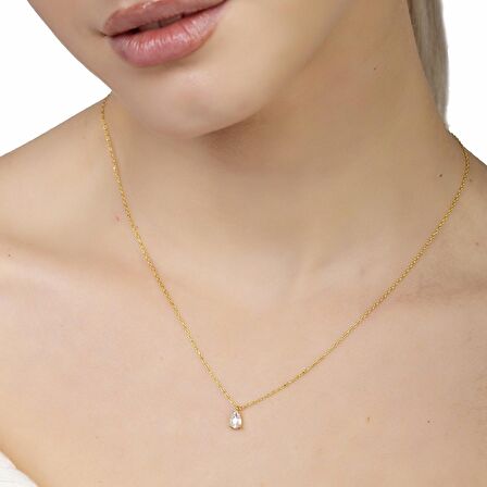 Faset Zirkon Tek Taşlı Gold Renk 925 Ayar Gümüş Kadın Kolye