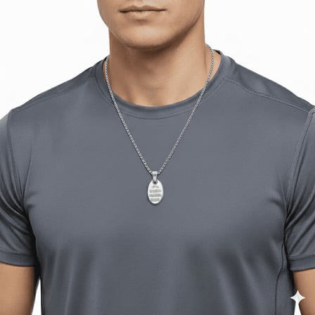 Erkek Çelik Kolye - Nazar Duası Yazılı - Kişiye Özel - Gümüş Renk - Elips Tasarım - 60 cm