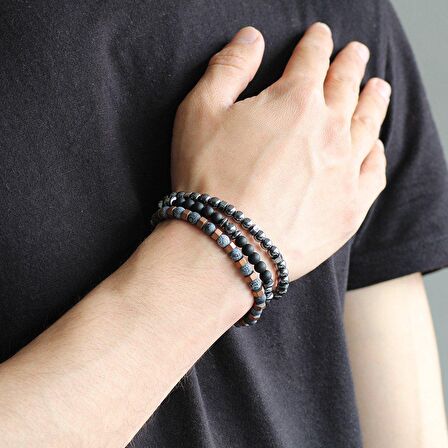 Küre Kesim Mat Akik-Oniks-Hematit Kombinli Doğaltaş Bileklik