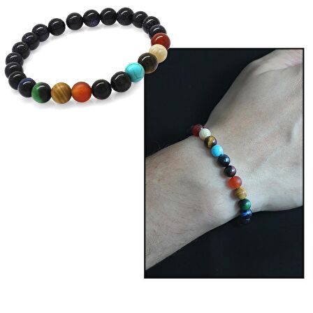 Küre Kesim Çoklu Doğaltaş Yıldız-Gezegen Kombinli Erkek Şans Bilekliği