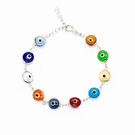 Nazar Boncuğu Detaylı Multicolor Mineli Silver Renk 925 Ayar Gümüş Kadın Bileklik