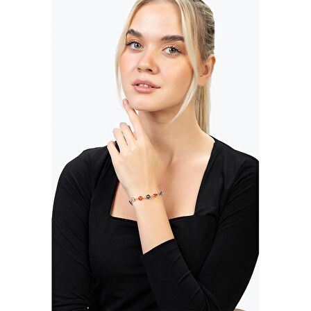 Nazar Boncuğu Detayl Multicolor Rose Renk 925 Ayar Gümüş Kadın Bileklik
