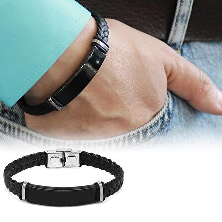 Kişiye Özel İsim Yazılı Balık Sırtı Tasarım Çelik-Deri Kombinli Erkek Bileklik (Model-1)