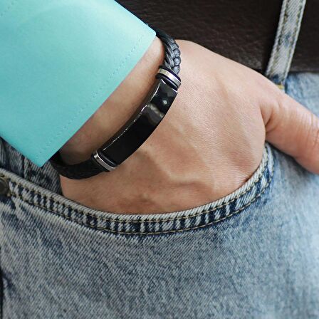 Kişiye Özel İsim Yazılı Balık Sırtı Tasarım Çelik-Deri Kombinli Erkek Bileklik (Model-1)