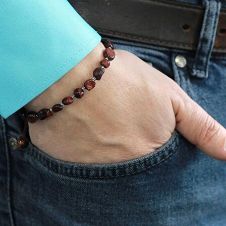 Makrome Örgülü Naturel Kesim Koyu Renk Kaplangözü Doğaltaş Erkek Bileklik