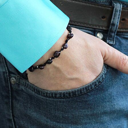 Makrome Örgülü Naturel Kesim Dorika Top Detaylı Lal Doğaltaş Erkek Bileklik