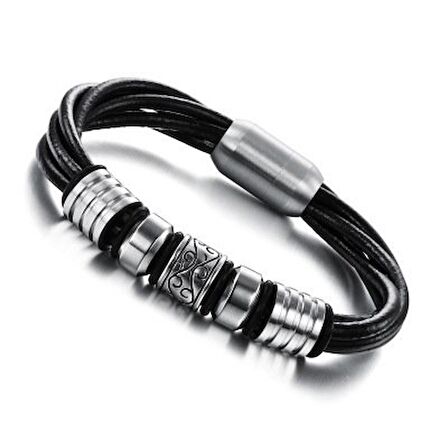Çok Katmanlı Deri & Çelik Kombinli Retro Tasarım Magnetic Tokalı Avangart Erkek Bileklik
