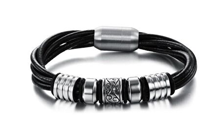 Çok Katmanlı Deri & Çelik Kombinli Retro Tasarım Magnetic Tokalı Avangart Erkek Bileklik