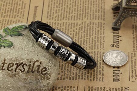 Çok Katmanlı Deri & Çelik Kombinli Retro Tasarım Magnetic Tokalı Avangart Erkek Bileklik