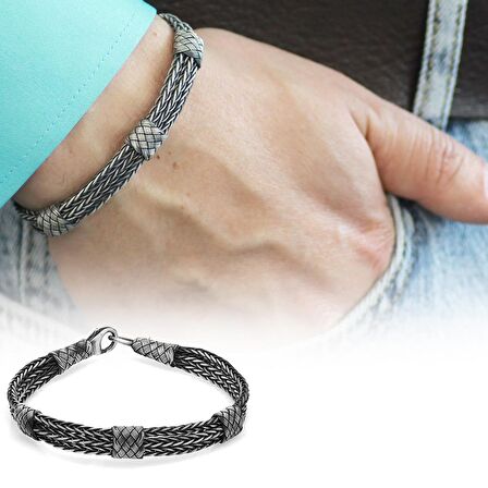 İlmek İlmek El Örgüsü Asil Çerkez Tasarım 1000 Ayar Gümüş Kazaz Erkek Bileklik