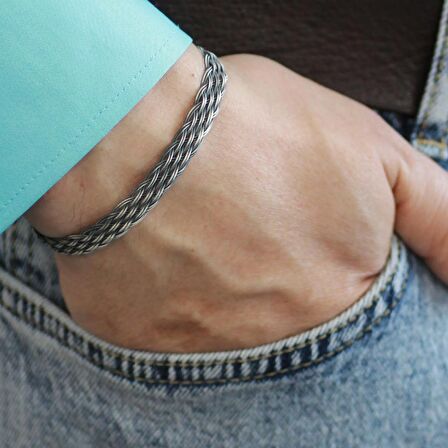 İlmek İlmek El Örgüsü Dört Sıra Geniş Tasarım Şık 1000 Ayar Kazaz Erkek Bileklik