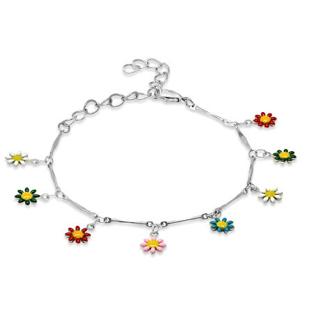 Silver Renk Metal Zincirli Multicolor Mineli Kır Çiçeği Detaylı Kadın Bileklik