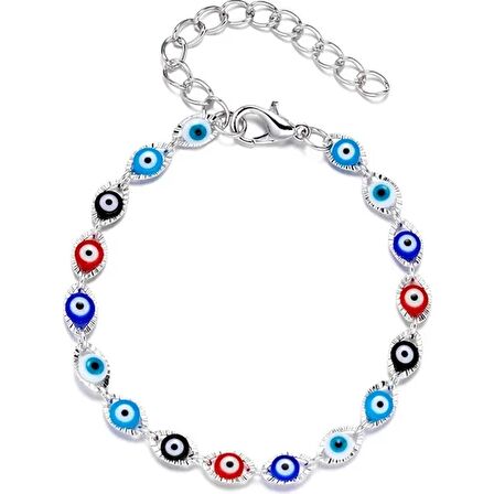 Silver Renk Metal Zincirli Multicolor Mineli Nazar Boncuğu Detaylı Göz Tasarım Kadın Bileklik