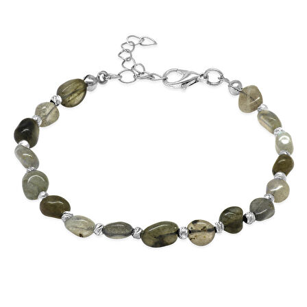 Gümüş Renk Metal Zincirli Dorika Top Süslemeli Amorf Labradorit Doğaltaş Erkek Bileklik