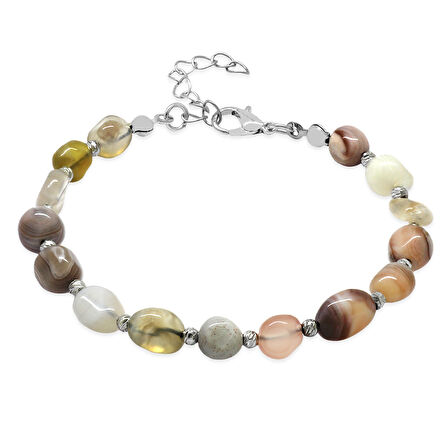 Gümüş Renk Metal Zincirli Dorika Top Süslemeli Amorf Madagaskar Akik Doğaltaş Erkek Bileklik