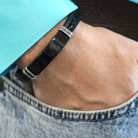 Silikon Kordonlu Siyah Çelik Plakalı Siyah İp Detaylı Kişiye Özel İsim veya Harf Yazılı Erkek Bileklik