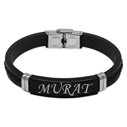 Silikon Kordonlu Siyah Çelik Plakalı Siyah İp Detaylı Kişiye Özel İsim veya Harf Yazılı Erkek Bileklik