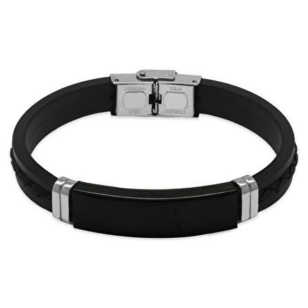 Silikon Kordonlu Siyah Çelik Plakalı Siyah İp Detaylı Kişiye Özel İsim veya Harf Yazılı Erkek Bileklik