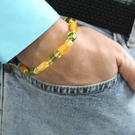 Sarı Yeşil Silindir Küp Kesim Doğal Damla Kehribar Erkek Bileklik