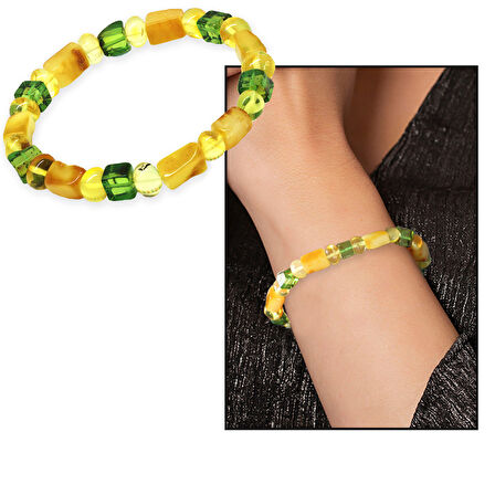 Sarı Yeşil Silindir Küp Kesim Doğal Damla Kehribar Kadın Bileklik