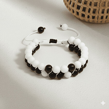 Çift Sıra Makrome Örgülü Küre Kesim Siyah Beyaz Jade Oniks Doğaltaş Erkek Taraftar Bileklik