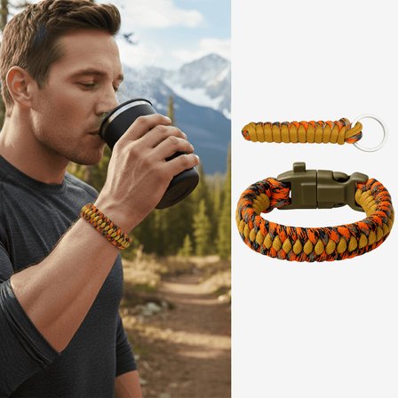 Pusulalı Çakmaklı Paracord Bileklik Anahtarlık - Turuncu Kamuflaj Desen - Kamp ve Doğa Sporları İçin