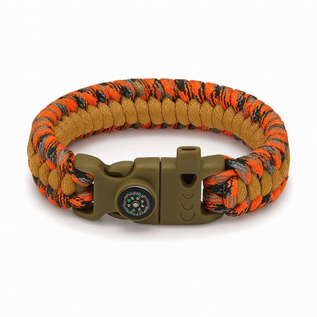 Pusulalı Çakmaklı Paracord Bileklik Anahtarlık - Turuncu Kamuflaj Desen - Kamp ve Doğa Sporları İçin