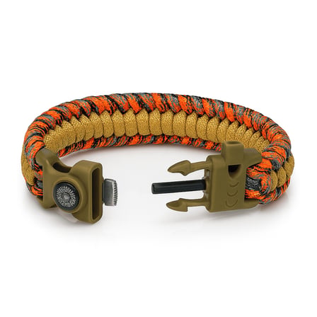 Pusulalı Çakmaklı Paracord Bileklik Anahtarlık - Turuncu Kamuflaj Desen - Kamp ve Doğa Sporları İçin
