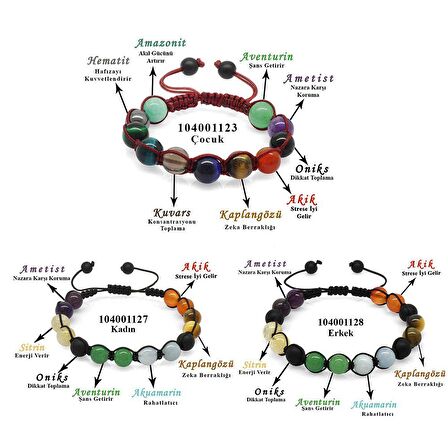 Makrome Örgülü Küre Kesim Multicolor Doğaltaş Kombinli Erkek-Kadın-Çocuk Başarı Bilekliği(3lü Set)