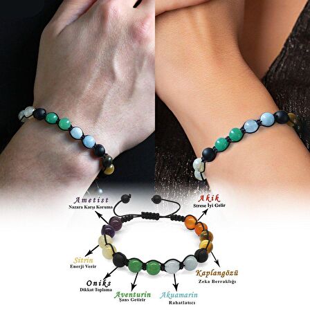 Makrome Örgülü Küre Kesim Multicolor Doğaltaş Kombinli Kadın-Erkek Başarı Bilekliği (2li Set)