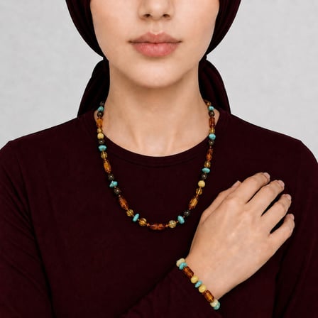Gerçek Damla Kehribar Set - Doğal Form - Firuze Doğaltaş Süslemeli - Multicolor Renk