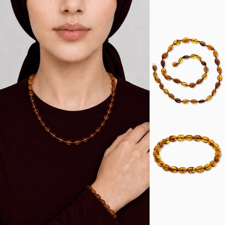 Gerçek Damla Kehribar Set - Doğal Form - Bal Rengi